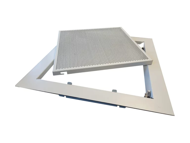Perforated sheet access hatch with its frame