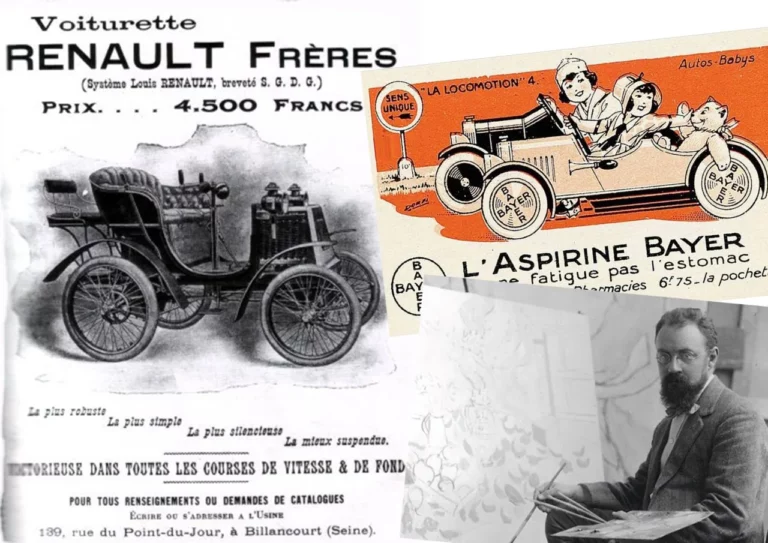 Publicités de 1899 : voiturette Renault, aspirine Bayer et Henri Matisse au chevalet